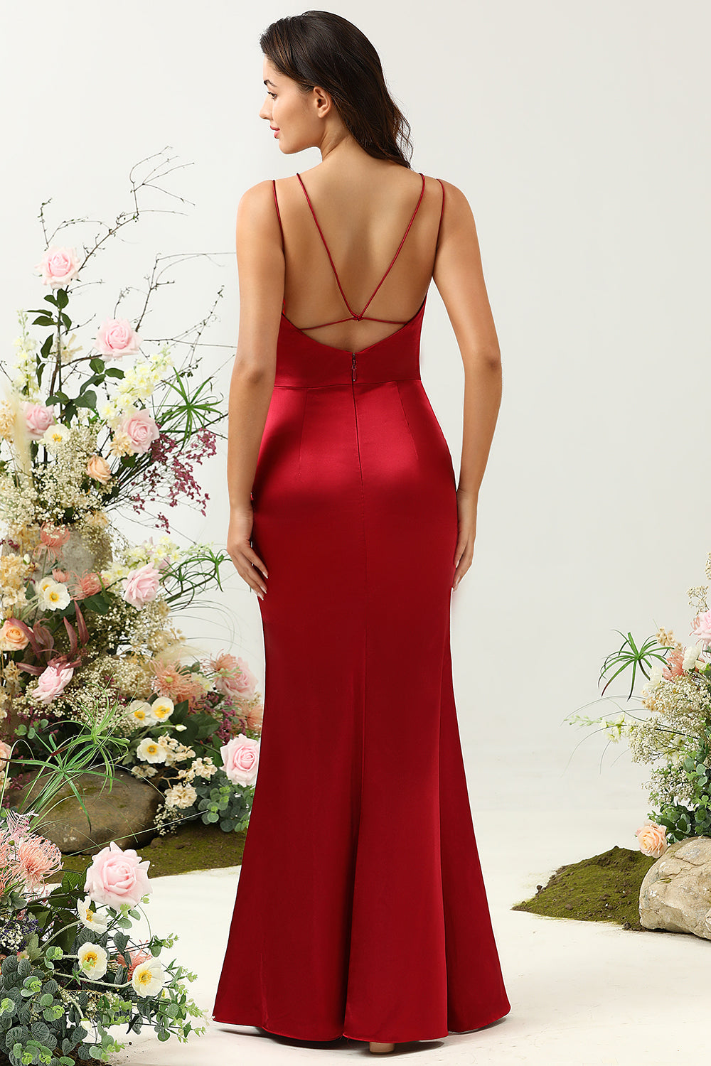 Sirena Tirantes de Espagueti Burdeo Vestido de Dama de Honor