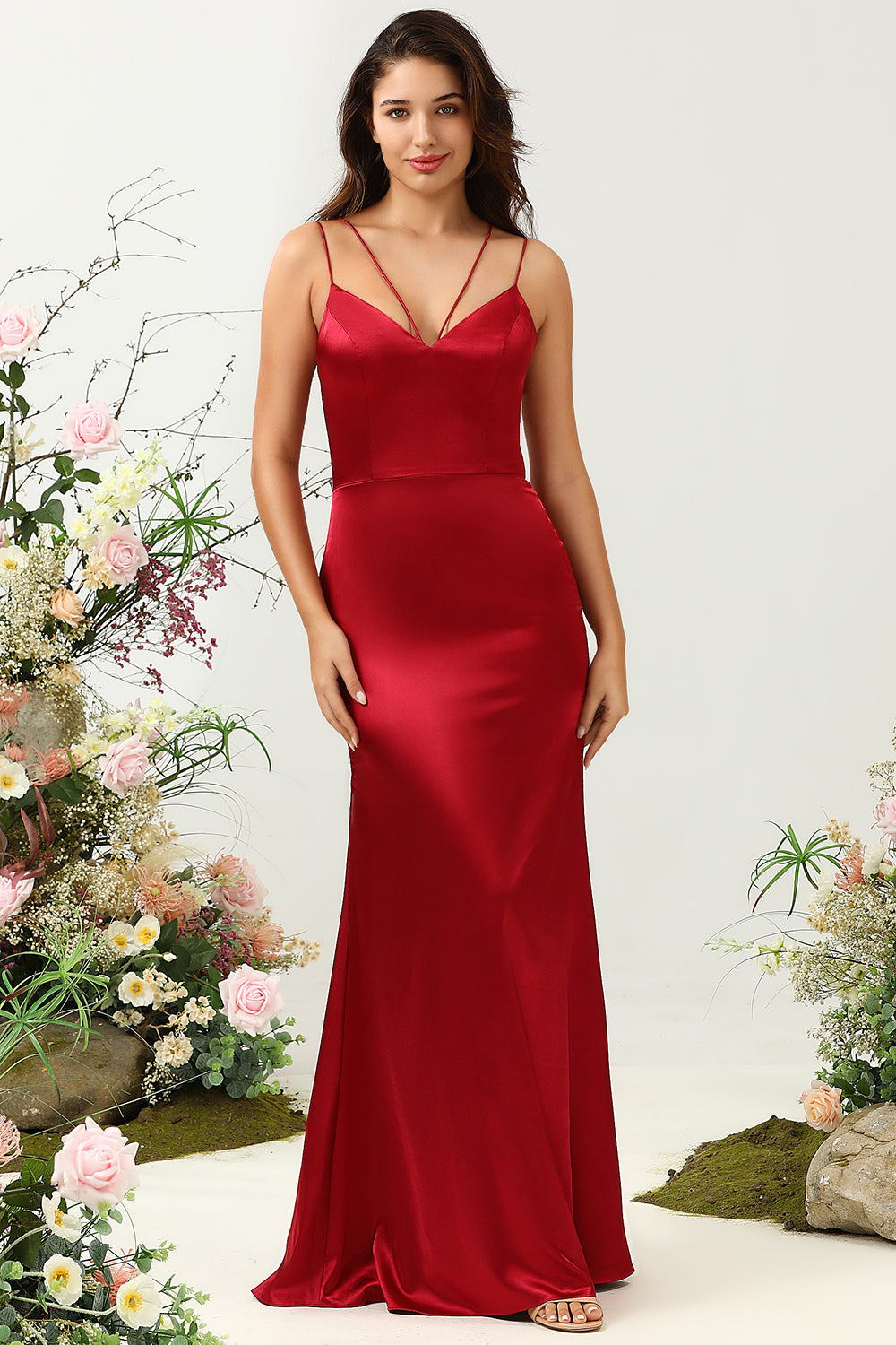 Sirena Tirantes de Espagueti Burdeo Vestido de Dama de Honor
