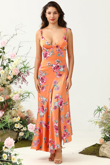 Vestido de Dama de Honor Boho Asimétrico Floral Naranja