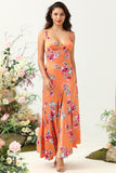 Vestido de Dama de Honor Boho Asimétrico Floral Naranja