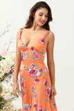 Vestido de Dama de Honor Boho Asimétrico Floral Naranja