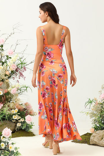 Vestido de Dama de Honor Boho Asimétrico Floral Naranja
