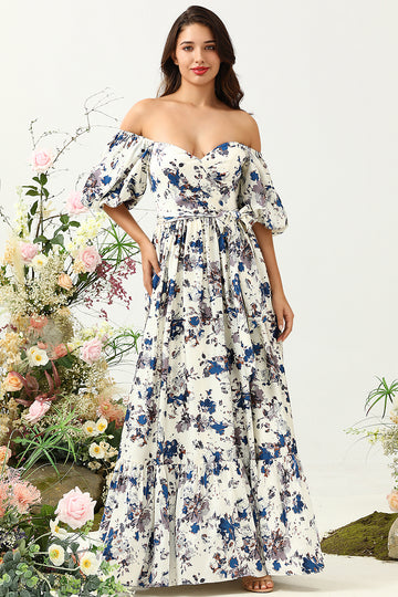 Vestido de Dama de Honor Boho Flor Azul Blanco