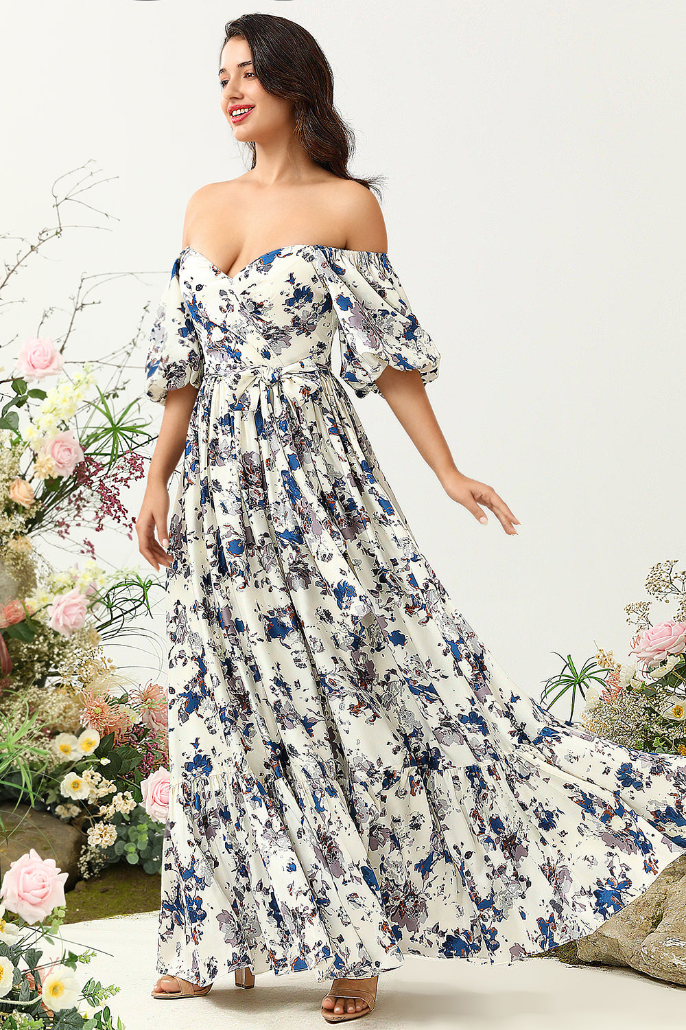 Vestido de Dama de Honor Boho Flor Azul Blanco