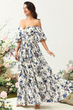 Vestido de Dama de Honor Boho Flor Azul Blanco