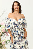 Vestido de Dama de Honor Boho Flor Azul Blanco
