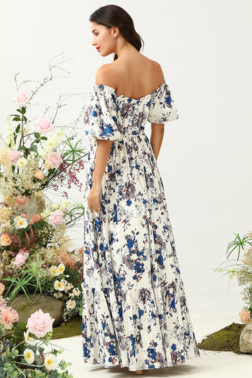 Vestido de Dama de Honor Boho Flor Azul Blanco