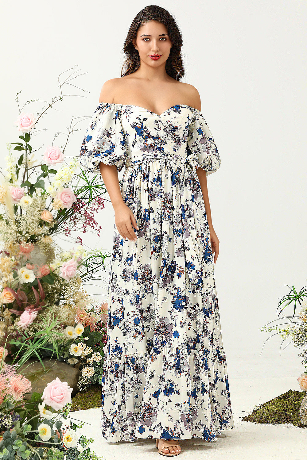 Vestido de Dama de Honor Boho Flor Azul Blanco