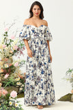 Vestido de Dama de Honor Boho Flor Azul Blanco