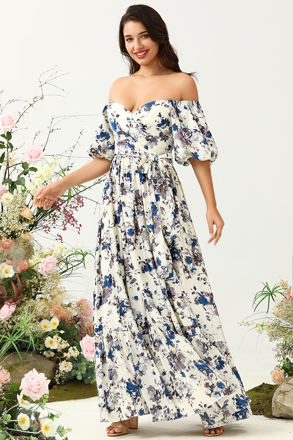 Vestido de Dama de Honor Boho Flor Azul Blanco