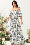 Vestido de Dama de Honor Boho Flor Azul Blanco