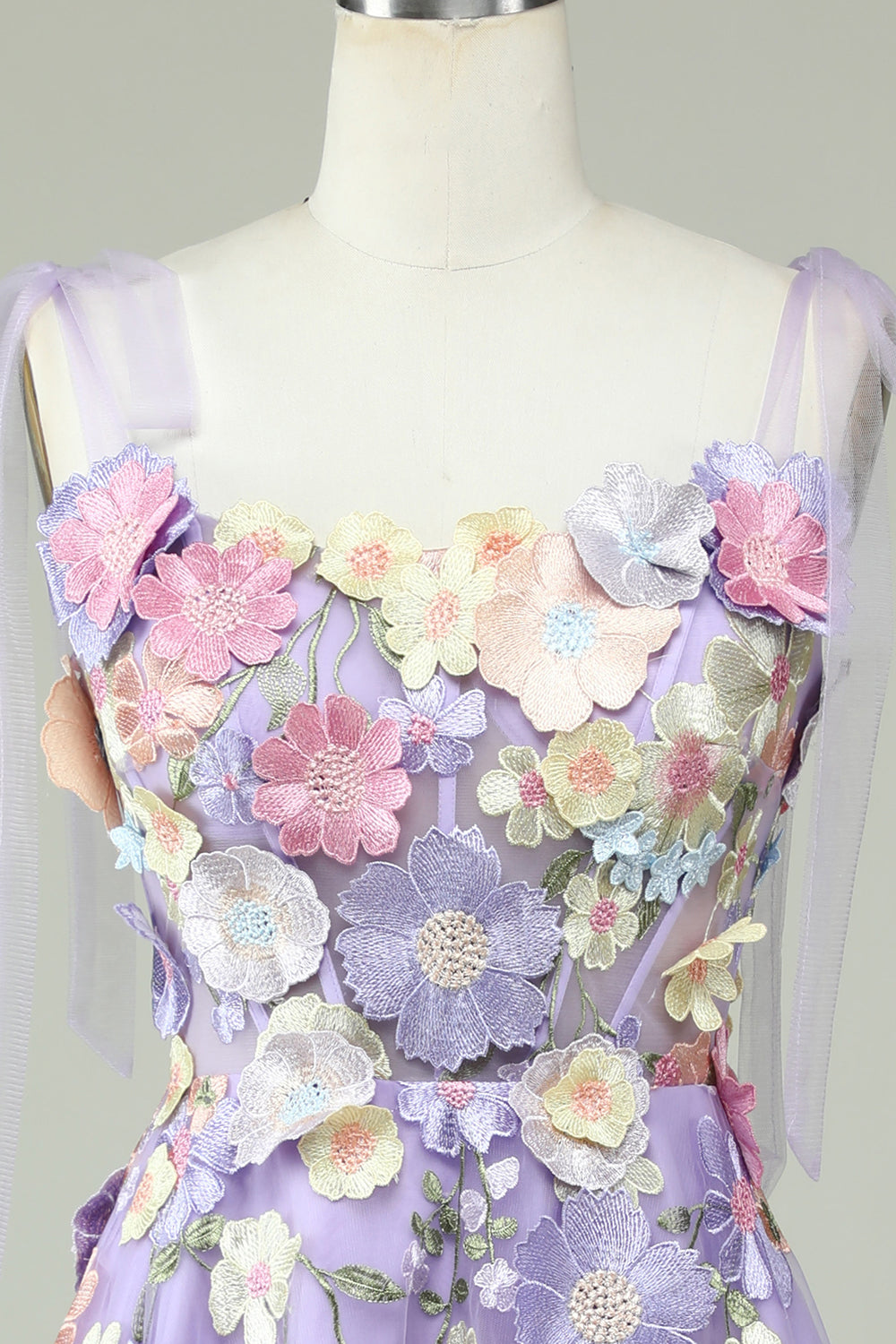 A Línea Correas de Espagueti Azul Vestido de Graduación Con Flores 3D