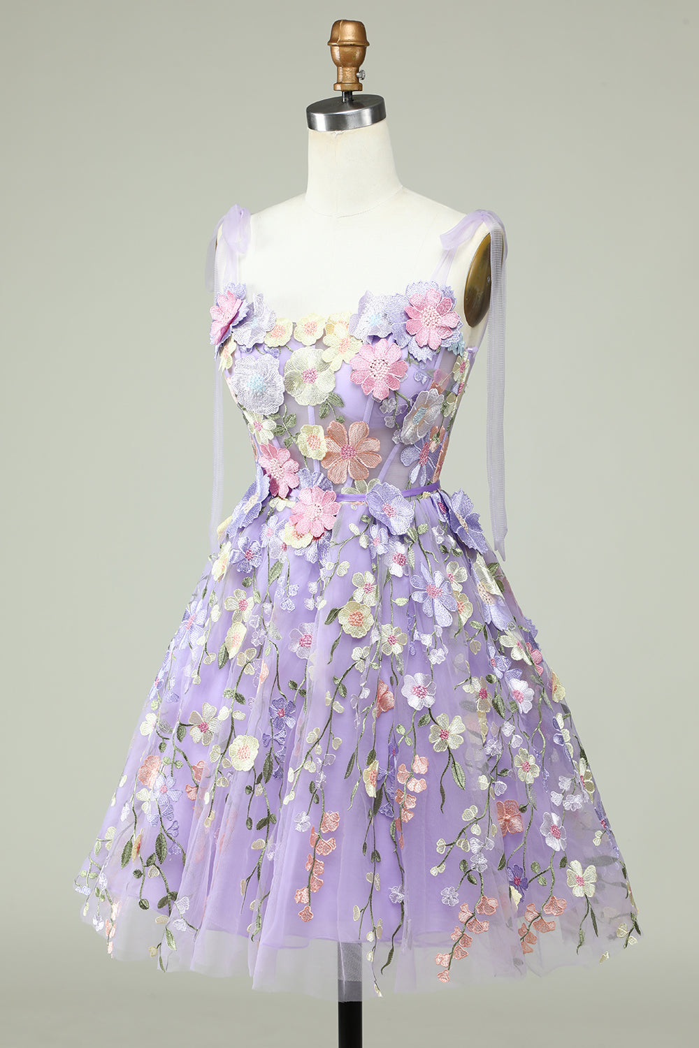Azul A-Línea Vestido Corto de Cóctel Con Flores 3D