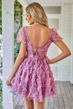 Floral A Línea Vestido de Cóctel Volantes Púrpura