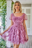 Floral A Línea Vestido de Cóctel Volantes Púrpura