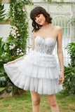 Corsé Blanco Escalonado Vestido Blanco De Tul De Línea A