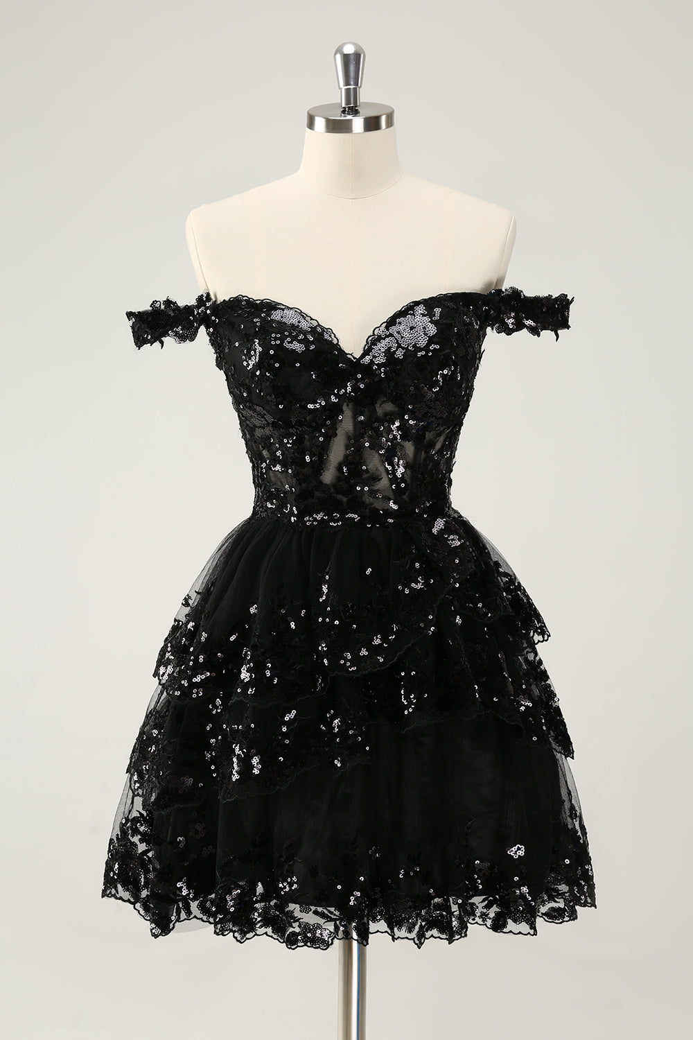 Vestido de cóctel de encaje con corsé escalonado y hombros descubiertos en negro brillante
