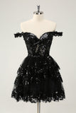 Vestido de cóctel de encaje con corsé escalonado y hombros descubiertos en negro brillante