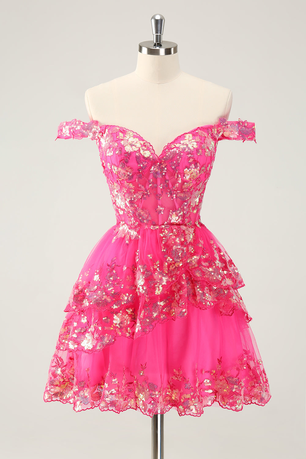 Vestido de cóctel de encaje con corsé escalonado y hombros descubiertos en negro brillante