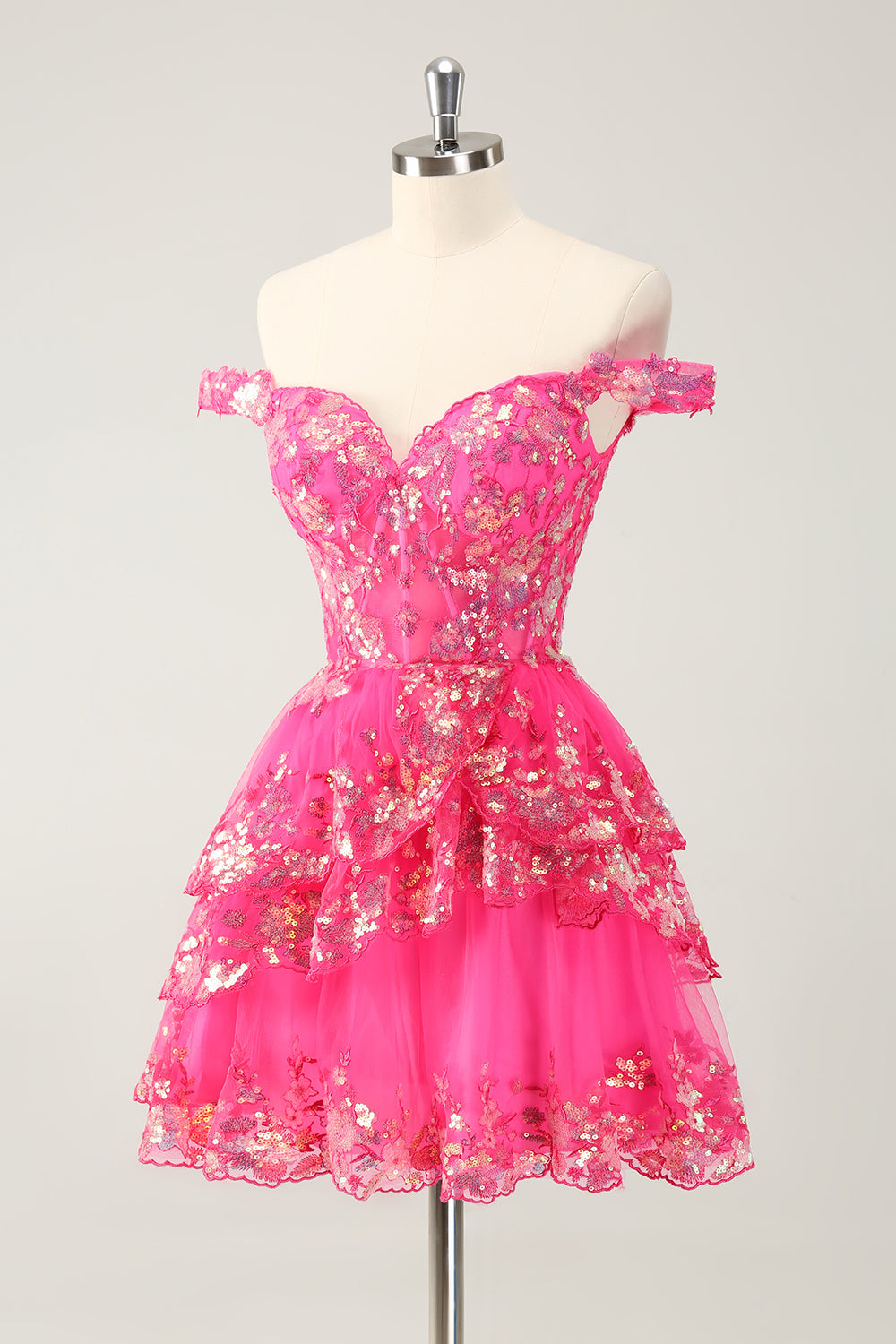 Vestido de cóctel de encaje con corsé escalonado y hombros descubiertos en negro brillante