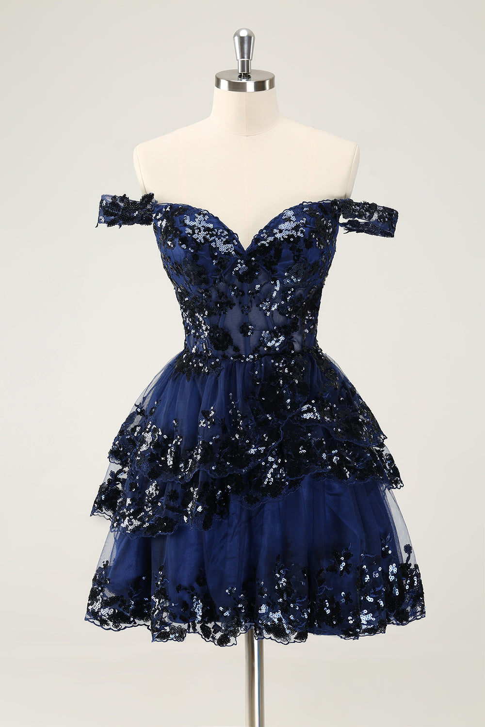 Vestido de cóctel de encaje con corsé escalonado y hombros descubiertos en negro brillante