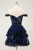 Vestido de cóctel de encaje con corsé escalonado y hombros descubiertos en negro brillante