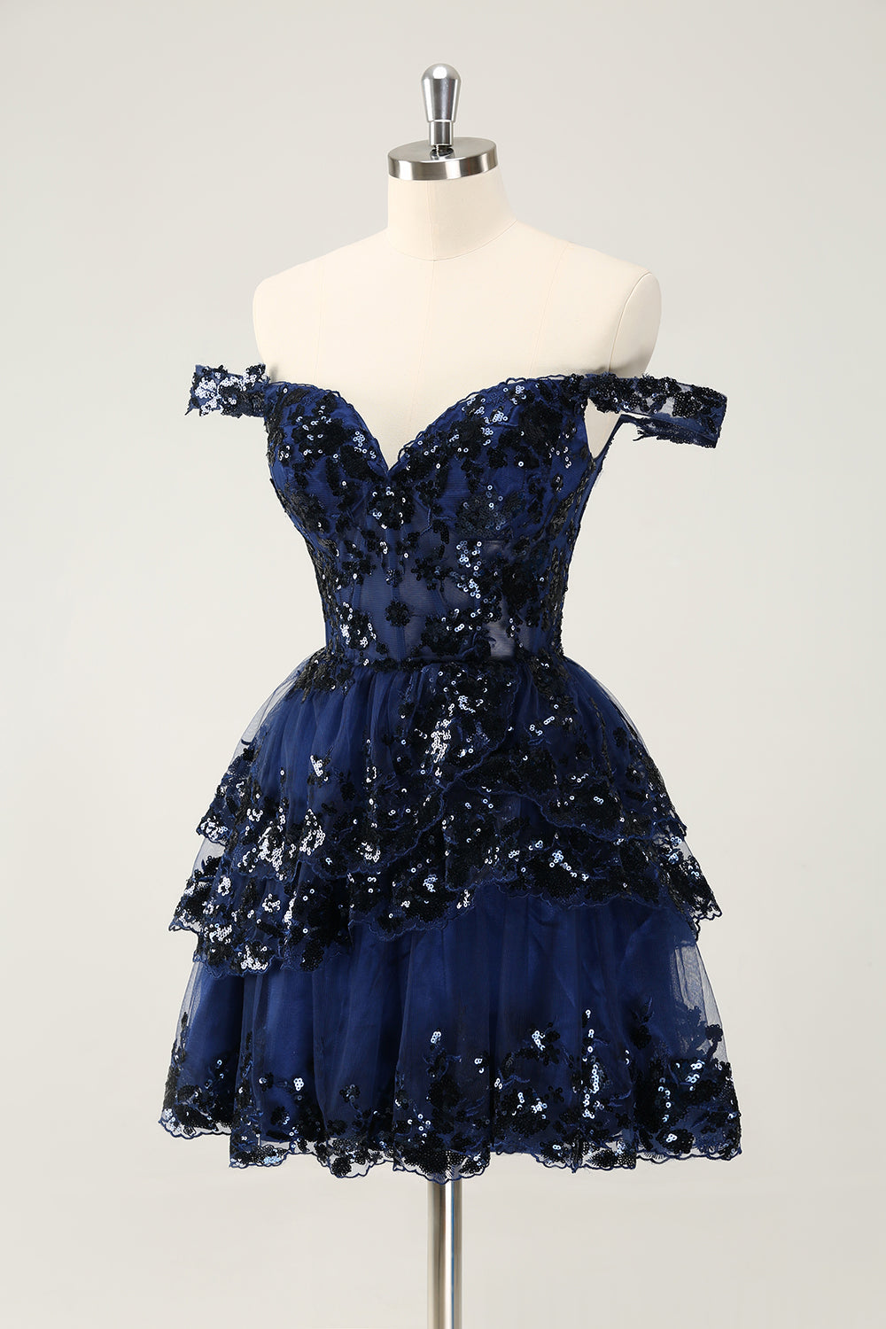 Vestido de cóctel de encaje con corsé escalonado y hombros descubiertos en negro brillante
