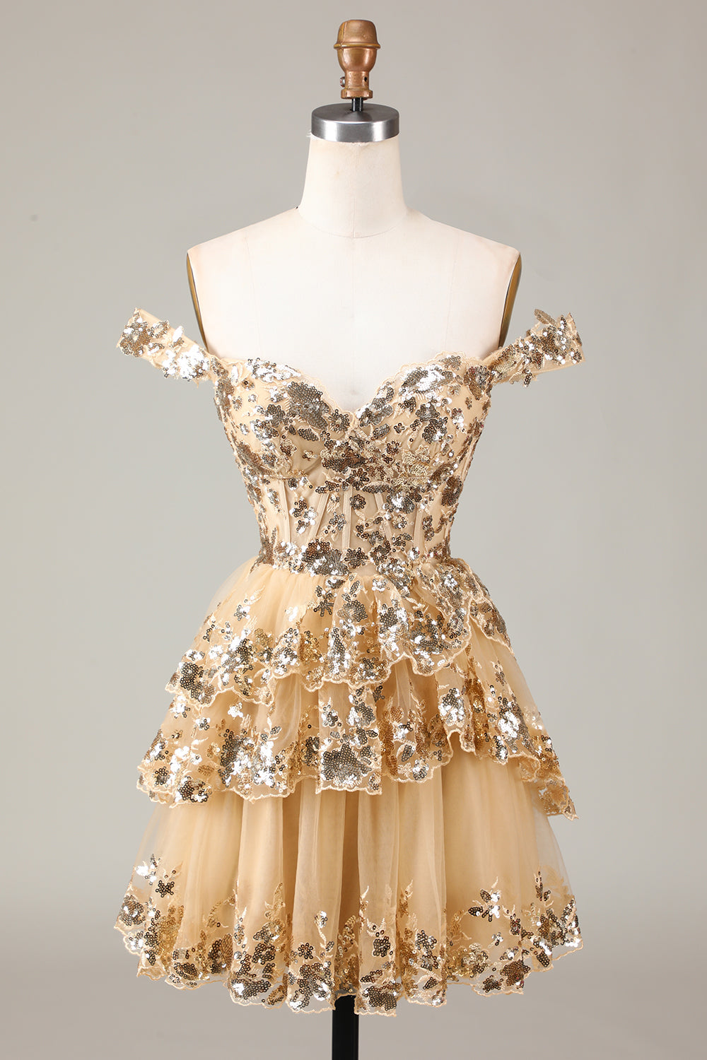Vestido de cóctel de encaje con corsé escalonado y hombros descubiertos en negro brillante