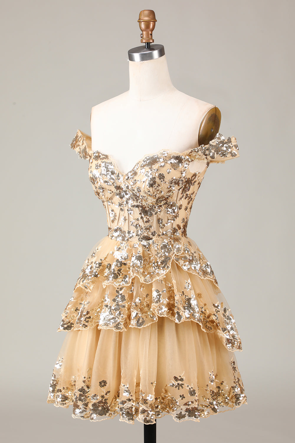 Vestido de cóctel de encaje con corsé escalonado y hombros descubiertos en negro brillante