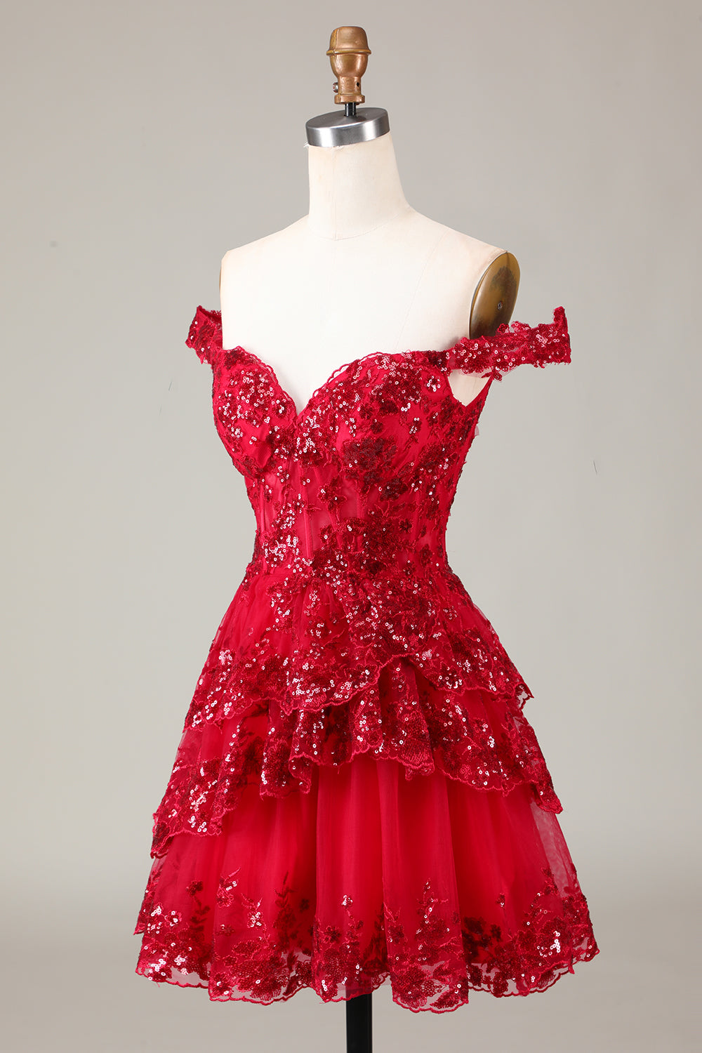 Corsé Rojo brillante Encaje escalonado A-Line Vestido corto de bienvenida