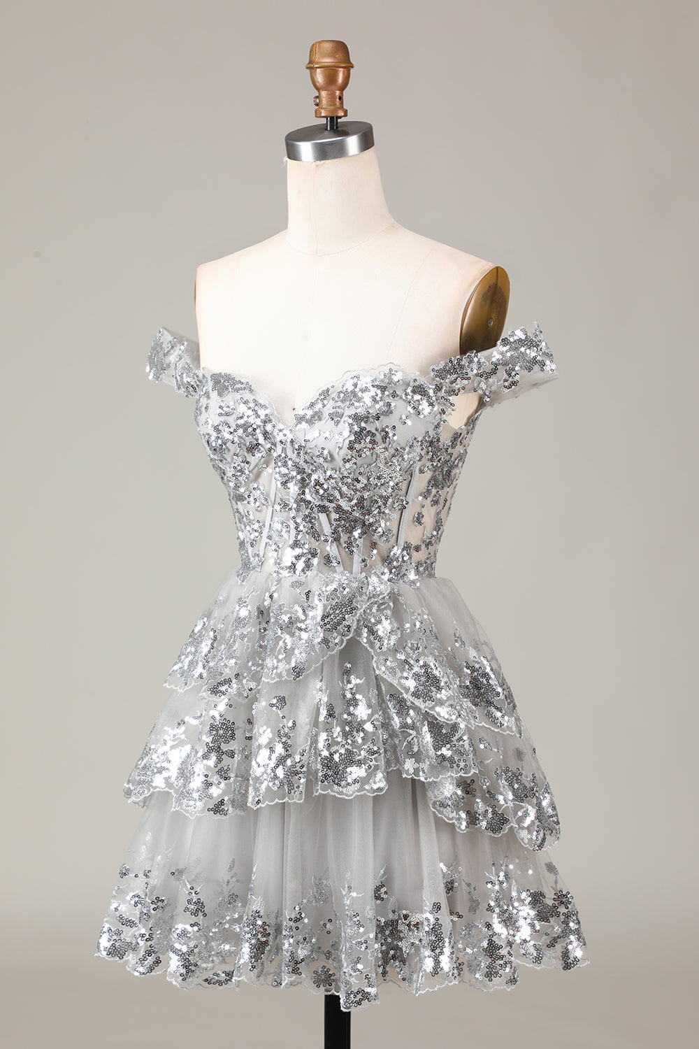 Corsé Dorado brillante Encaje escalonado A-Line Vestido corto de bienvenida