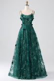 Correas de espagueti verde oscuro con purpurina Vestido de fiesta largo con corsé de flores de encaje