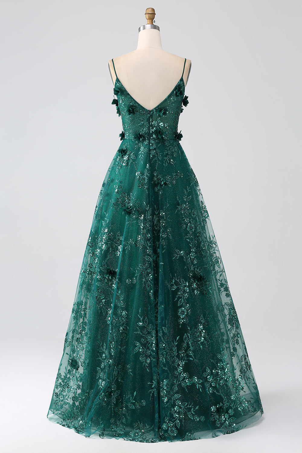 Correas de espagueti verde oscuro con purpurina Vestido de fiesta largo con corsé de flores de encaje