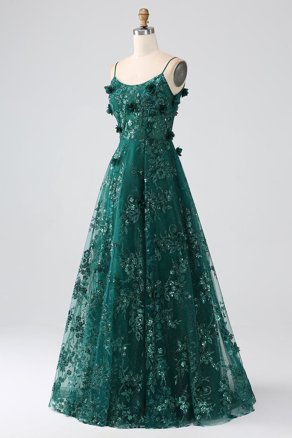 Correas de espagueti verde oscuro con purpurina Vestido de fiesta largo con corsé de flores de encaje
