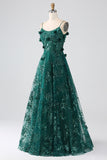 Correas de espagueti verde oscuro con purpurina Vestido de fiesta largo con corsé de flores de encaje