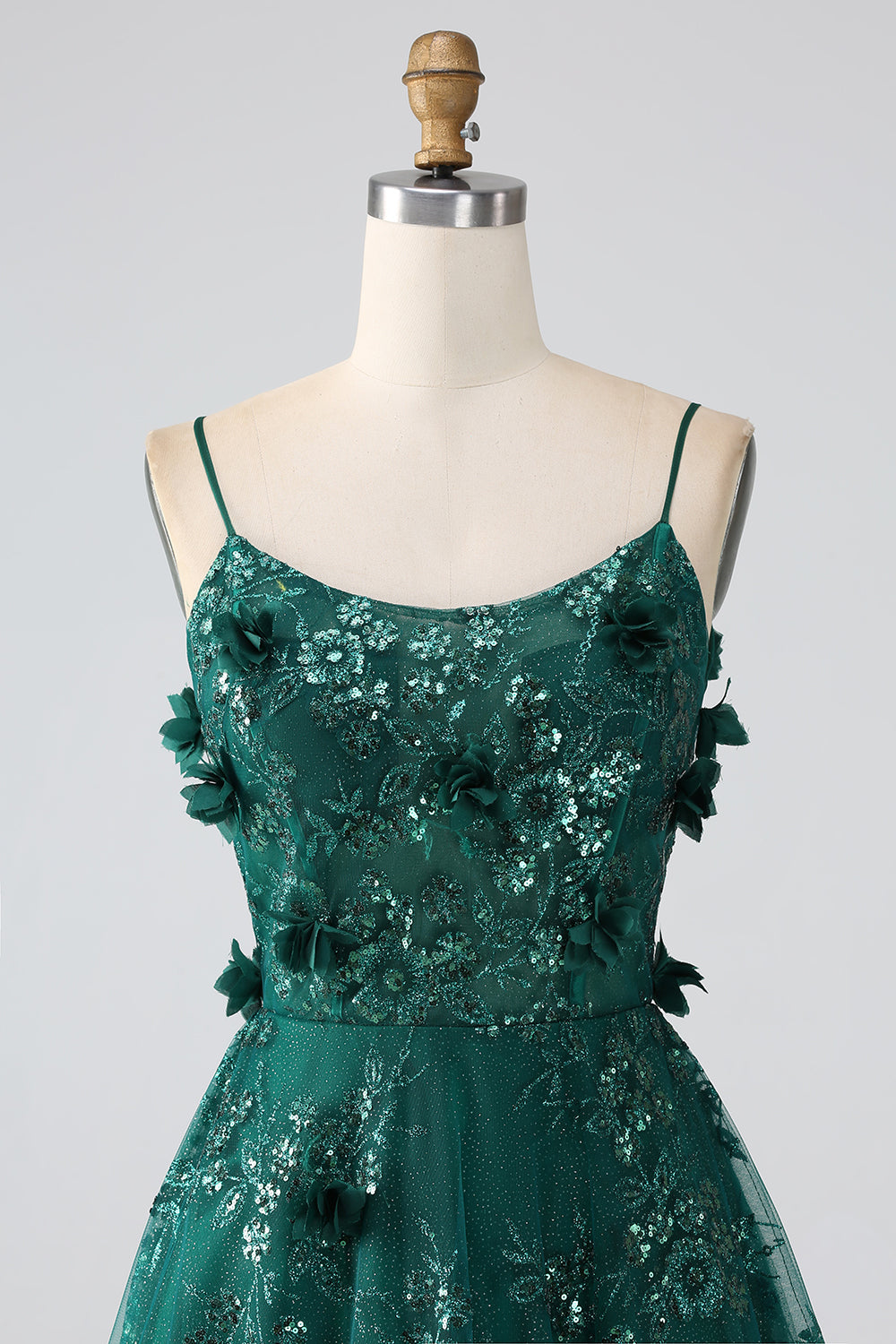 Correas de espagueti verde oscuro con purpurina Vestido de fiesta largo con corsé de flores de encaje