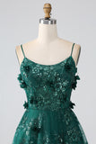 Correas de espagueti verde oscuro con purpurina Vestido de fiesta largo con corsé de flores de encaje