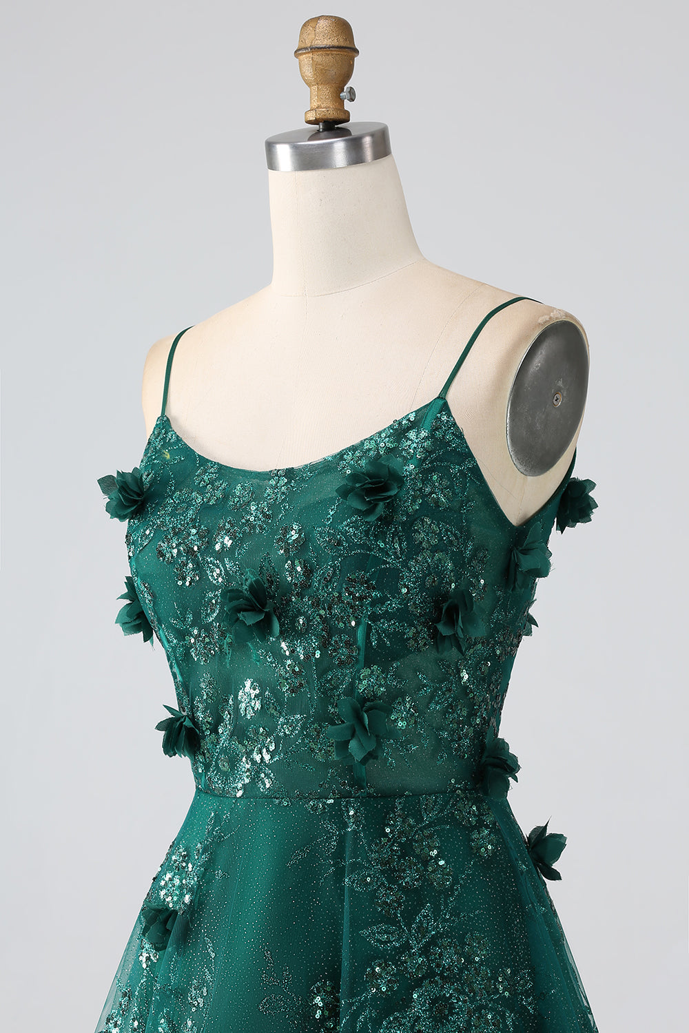 Correas de espagueti verde oscuro con purpurina Vestido de fiesta largo con corsé de flores de encaje