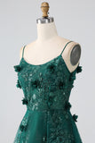 Correas de espagueti verde oscuro con purpurina Vestido de fiesta largo con corsé de flores de encaje