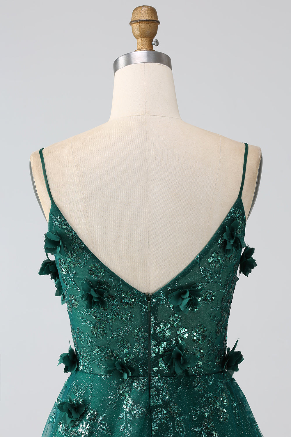 Correas de espagueti verde oscuro con purpurina Vestido de fiesta largo con corsé de flores de encaje