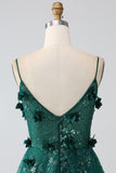 Correas de espagueti verde oscuro con purpurina Vestido de fiesta largo con corsé de flores de encaje