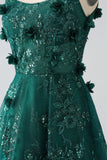 Correas de espagueti verde oscuro con purpurina Vestido de fiesta largo con corsé de flores de encaje
