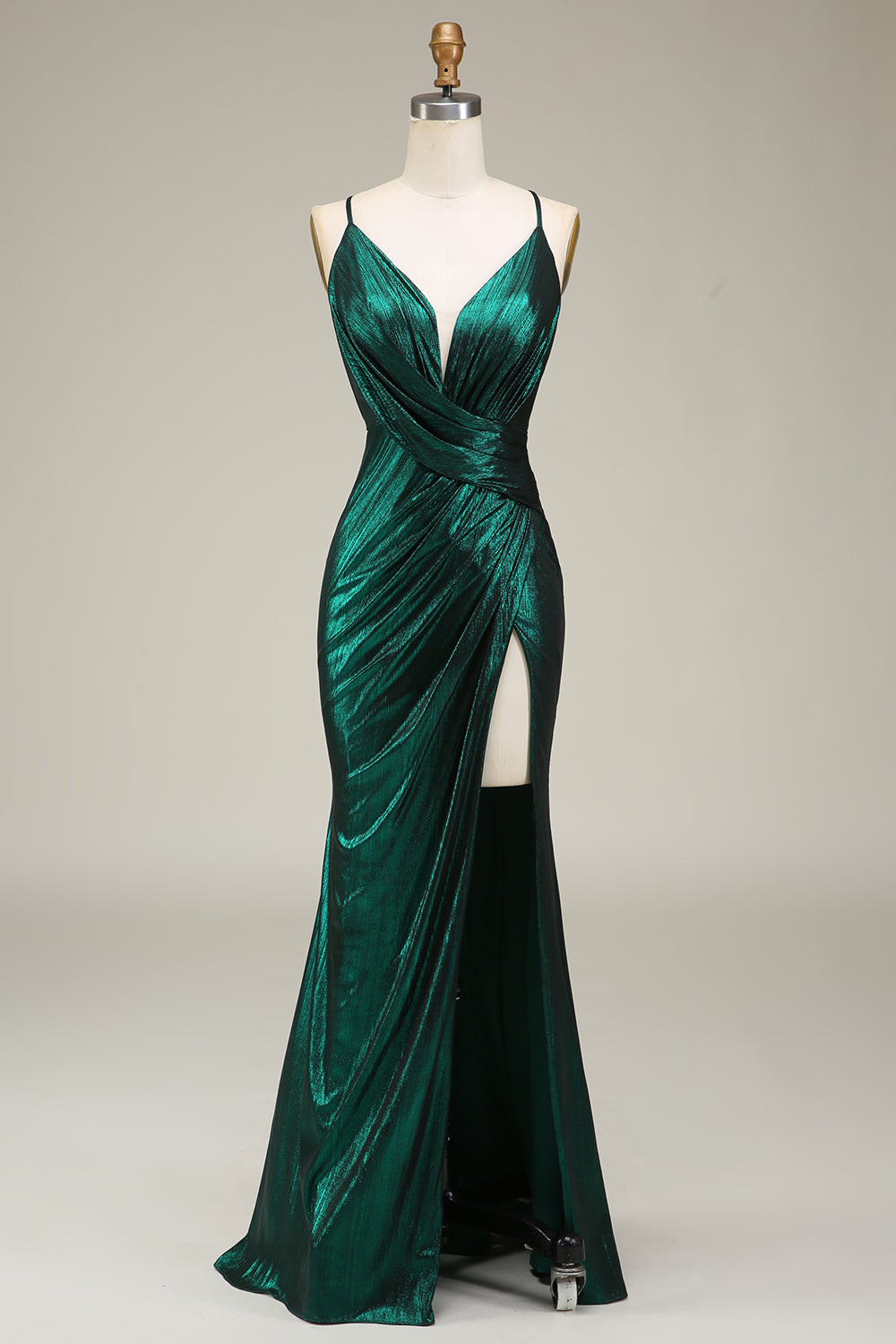 Vestido de fiesta largo de tirantes de espagueti de sirena verde oscuro con espalda abierta