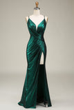 Vestido de fiesta largo de tirantes de espagueti de sirena verde oscuro con espalda abierta
