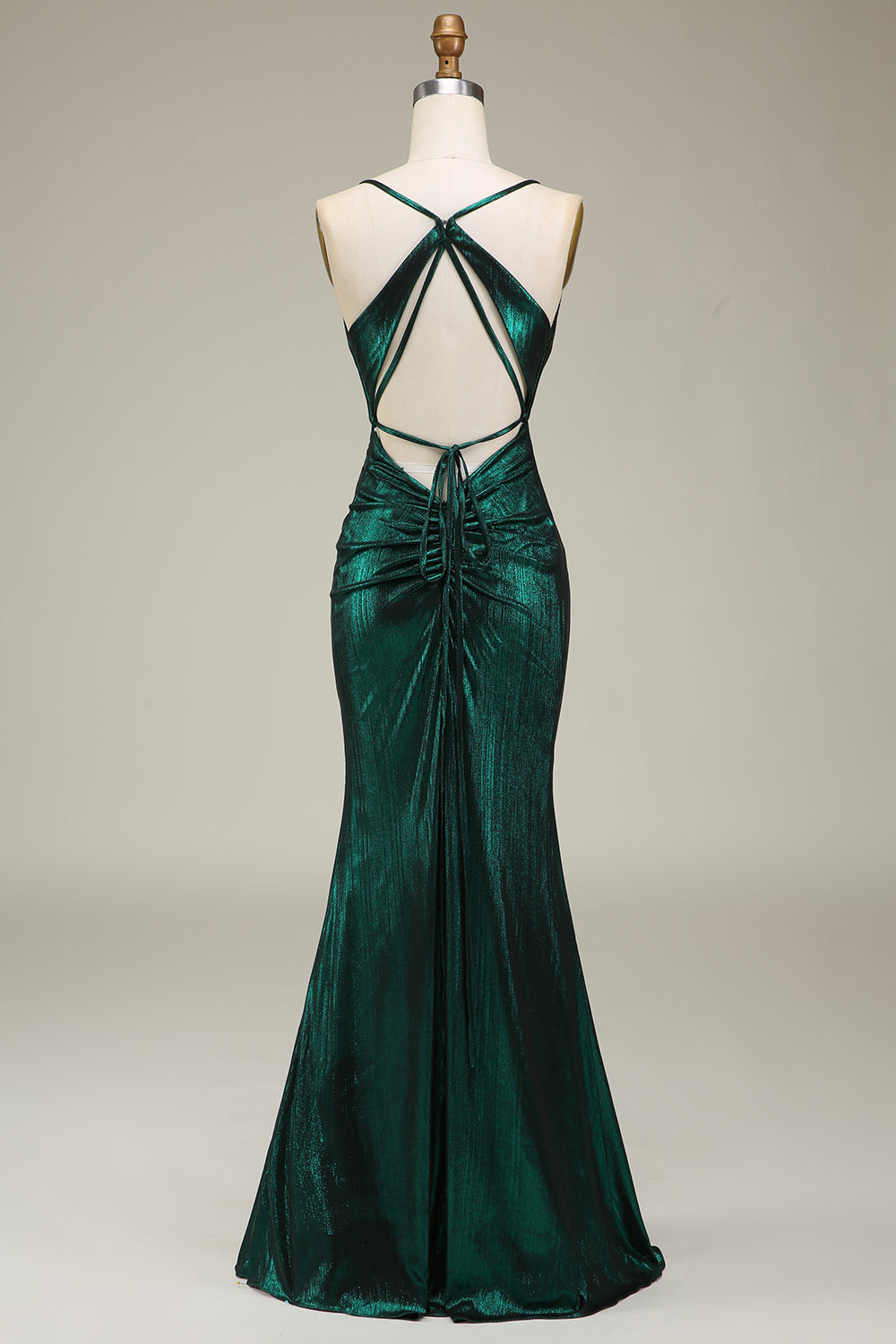 Vestido de fiesta largo de tirantes de espagueti de sirena verde oscuro con espalda abierta