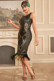 Vestido flapper con flecos de lentejuelas verde oscuro de la década de 1920