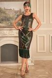 Vestido flapper con flecos de lentejuelas verde oscuro de la década de 1920