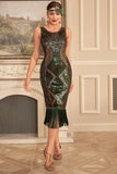 Vestido flapper con flecos de lentejuelas verde oscuro de la década de 1920