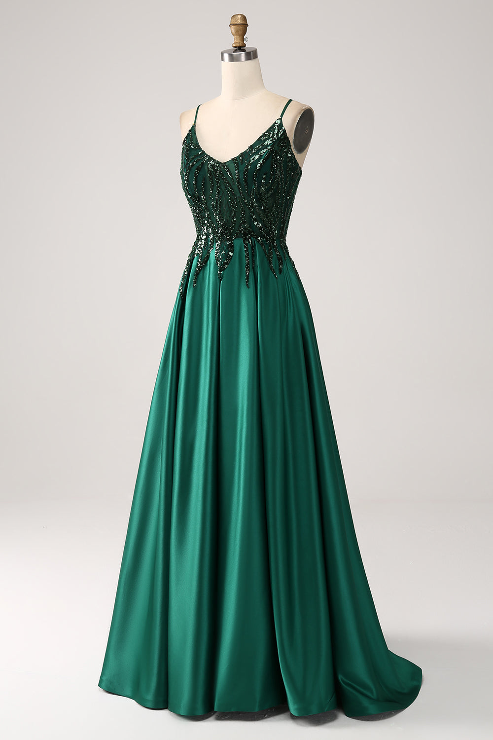 Vestido largo de fiesta con tirantes finos de línea A verde oscuro
