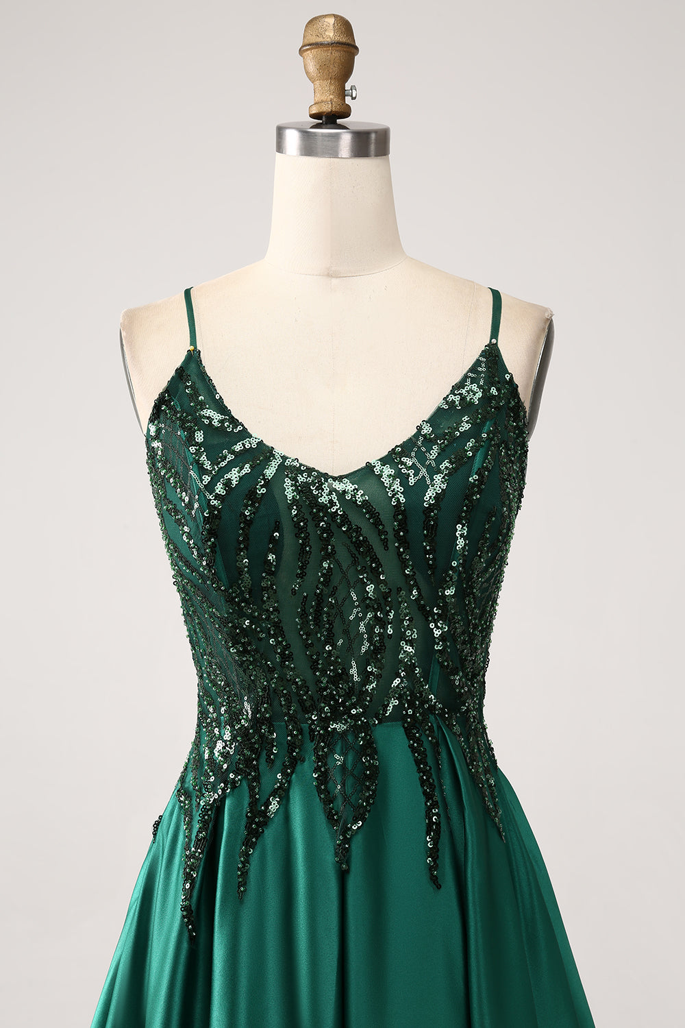 Vestido largo de fiesta con tirantes finos de línea A verde oscuro
